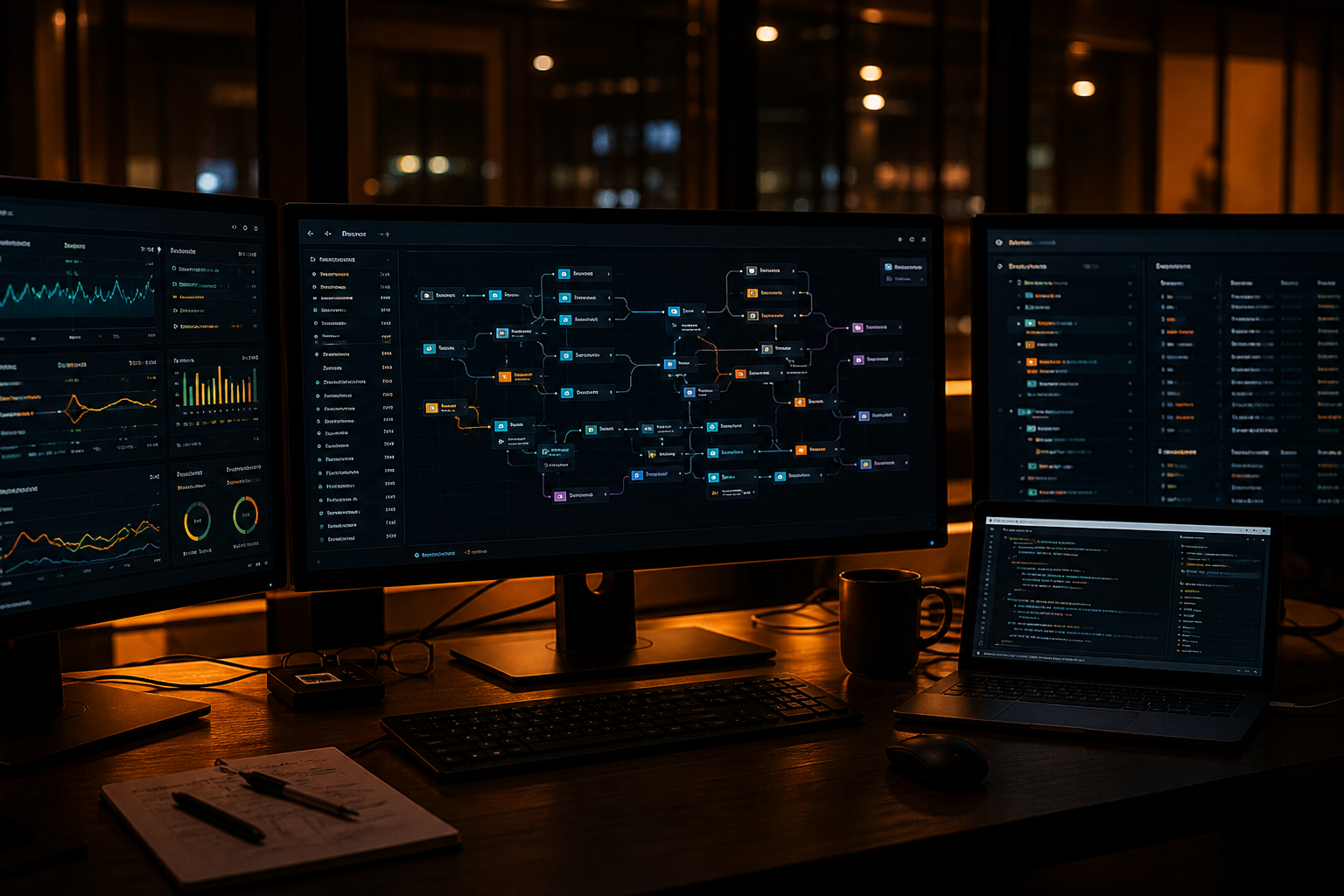 Operations screens showing workflows at night