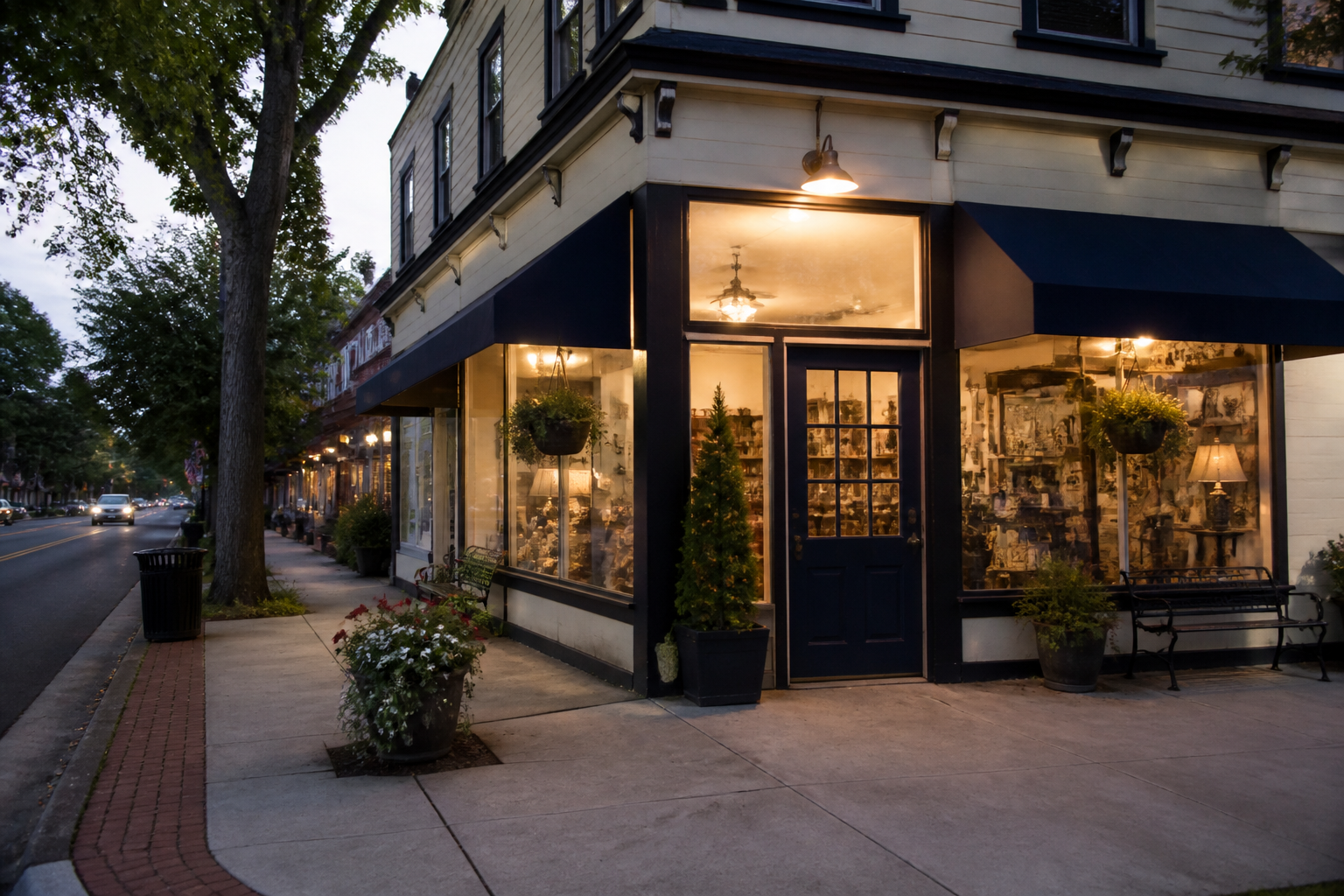 Small business storefront glowing at dusk