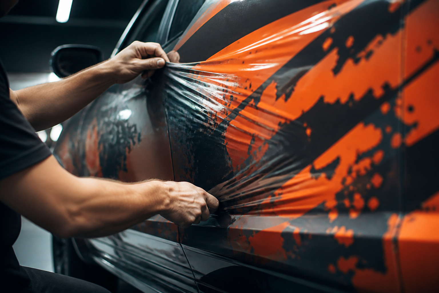 Vinyl wrap being applied in a workshop with orange graphics