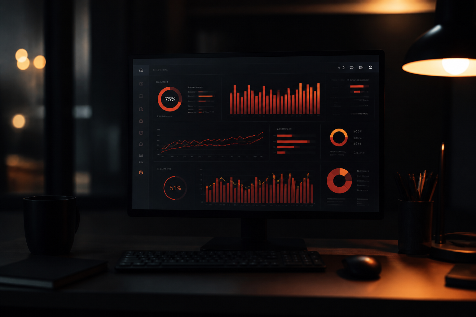 Analytics on a monitor in a dark office with orange light