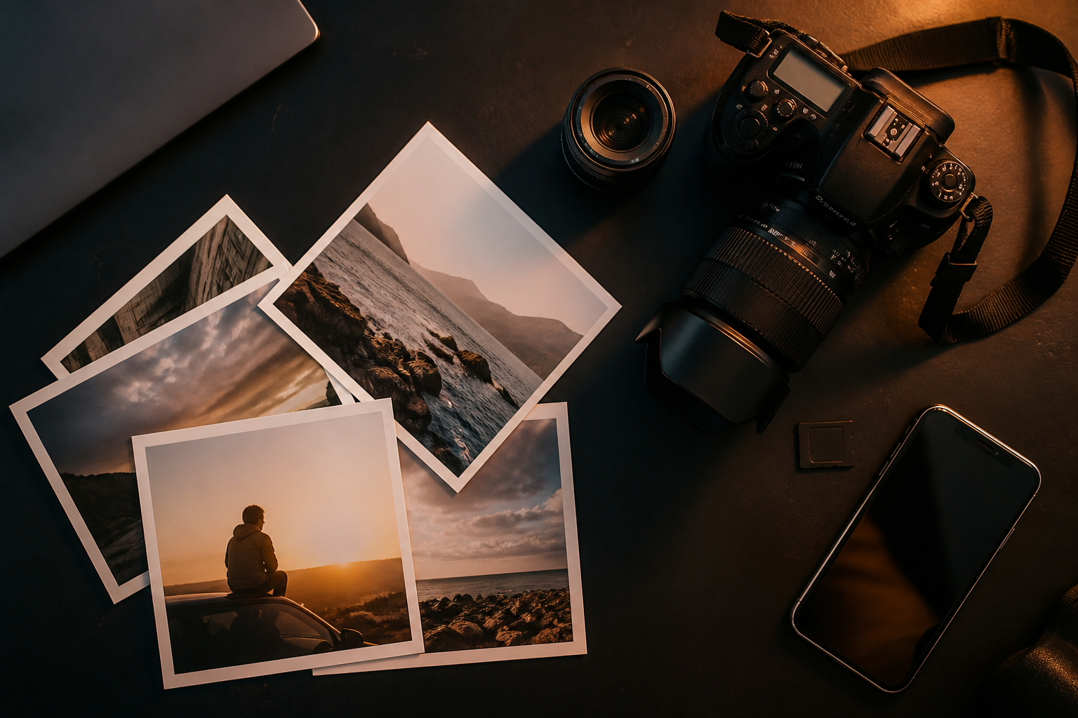 Camera and printed stills on a black table for content production