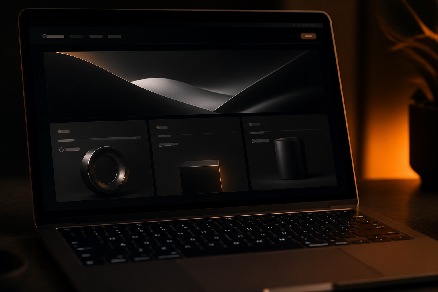 Dark laptop showing a premium website layout in a dim studio