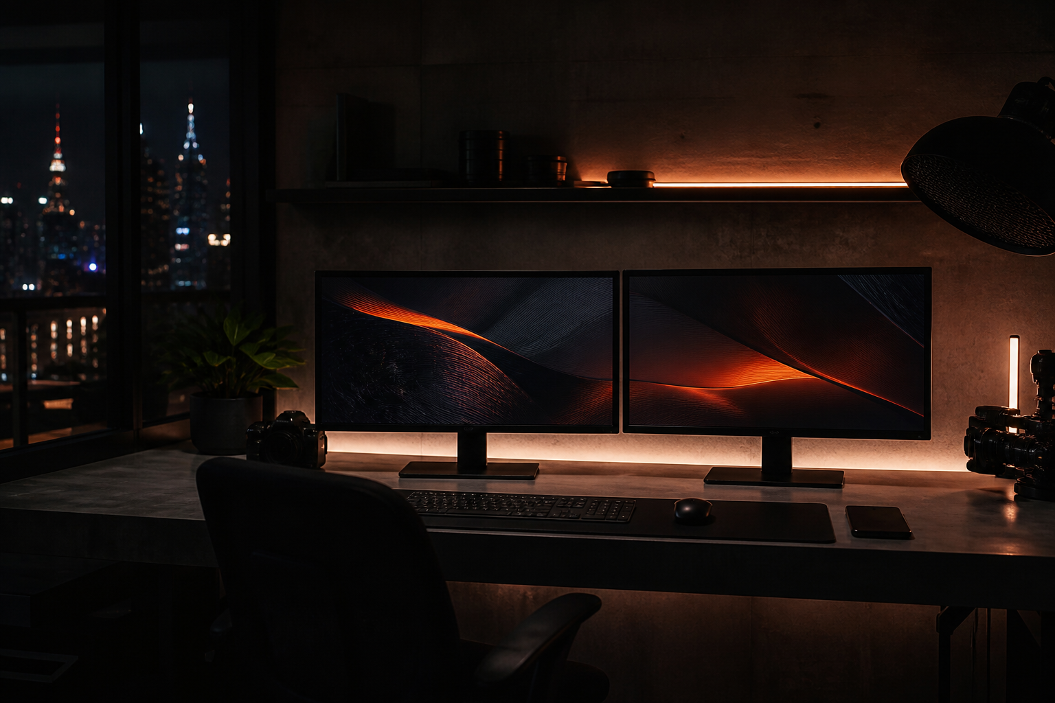 Meraki Digital studio at night with dual monitors and warm orange light