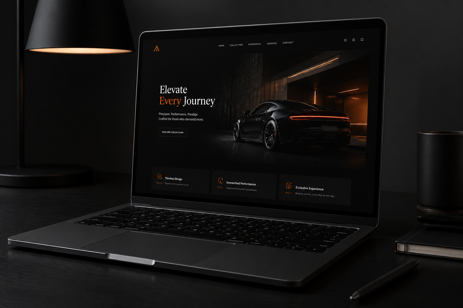 Laptop displaying a dark luxury website in a studio