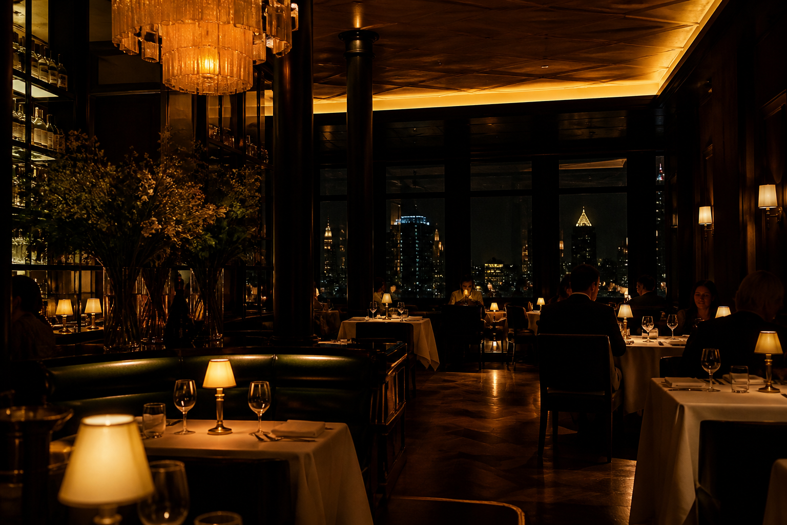 Moody restaurant interior with amber lighting